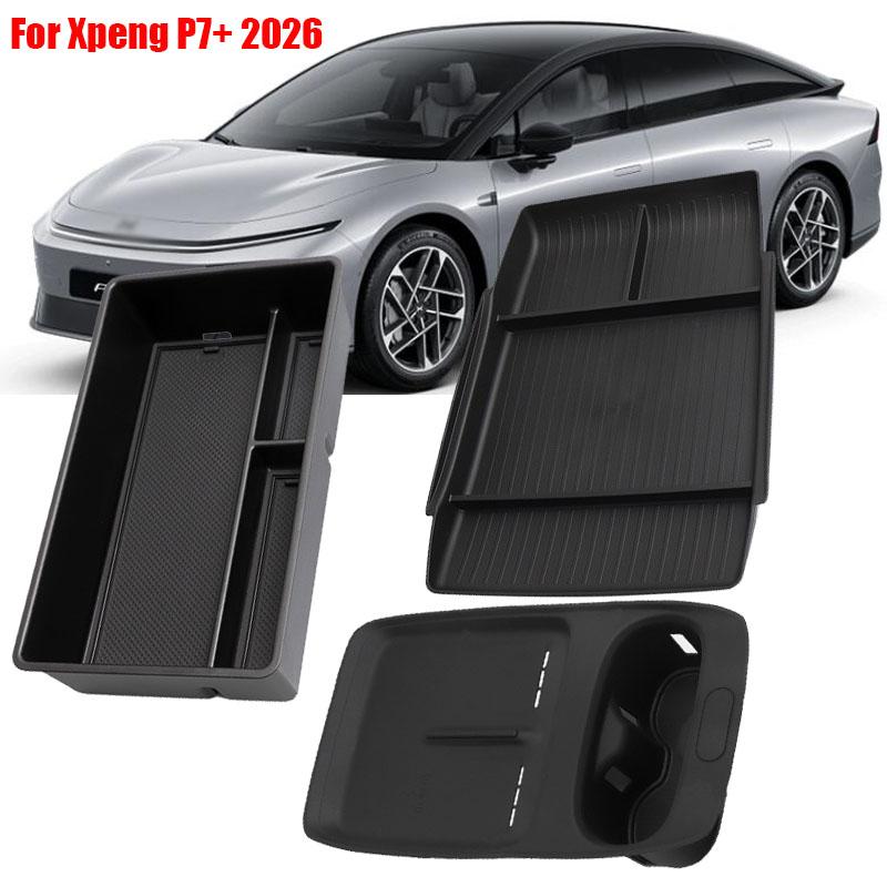 For Xpeng P7+ 2026 Armrest Storage Box Center Control Lower Tray Orgnizer Wireless Charging Pad Water Cup Holder Car Accessories