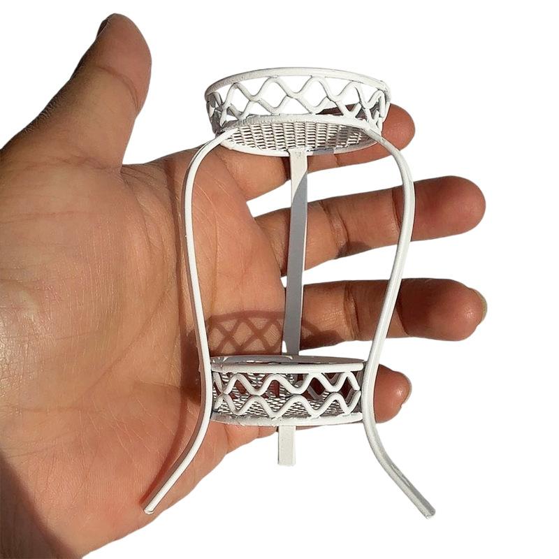 [J] 1Pcs 1:12 Dollhouse Mini Iron Double Layer Flower Stand Round Storage Rack Simulation Miniature Model Doll House Accessories