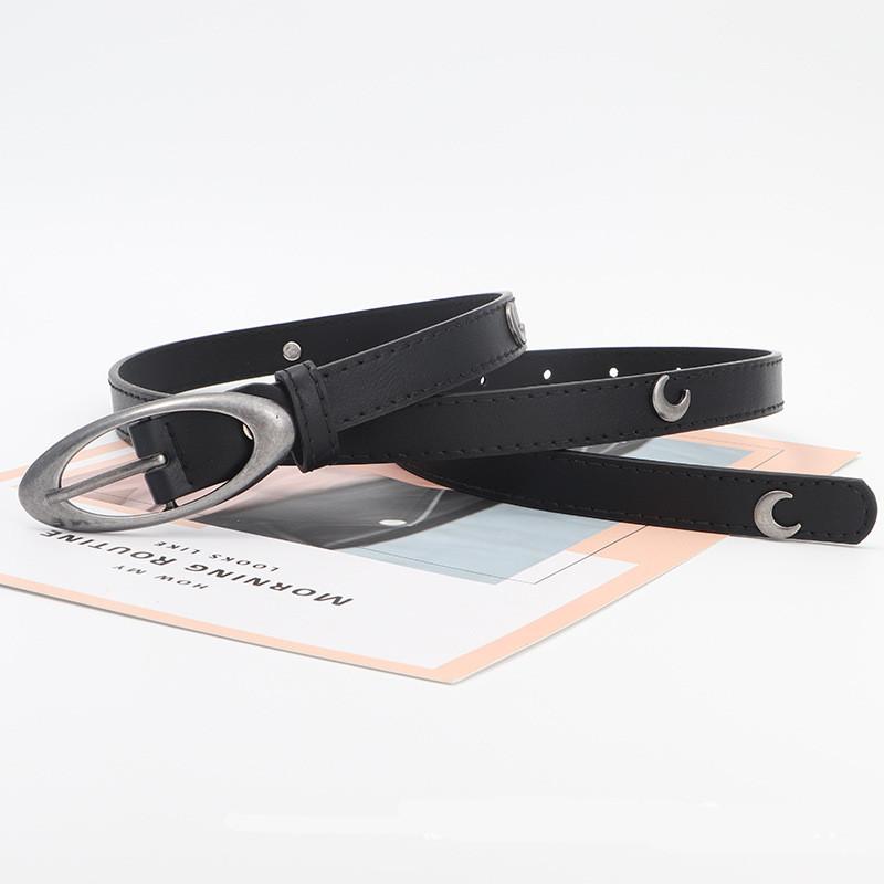 Womens Belt Slim Petite Moon Embellished Versatile Black Leather Accessory