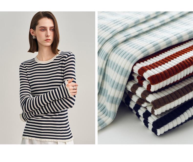 Women's Slim Fit Striped Wool Sweater: Color-Blocked, Sun Protection, Long Sleeve, Knitted Pullover.