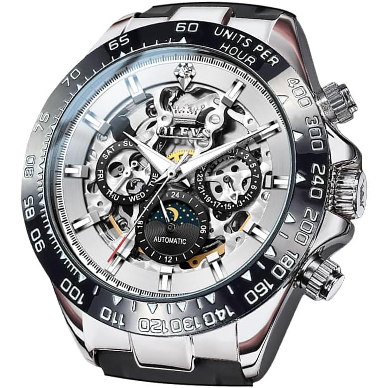 OLEVS Watch Men s Automatic Skeleton Date Waterproof Luminous Diamond Fashion Business watch for men White