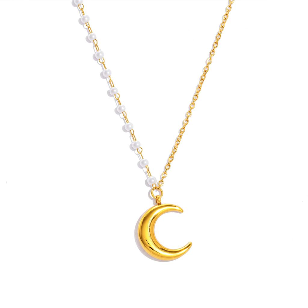 Crescent Moon Necklace for Women, Asymmetrical Chain Fashion Statement Polished Charm Pendant, Stainless Steel Hypoallergenic