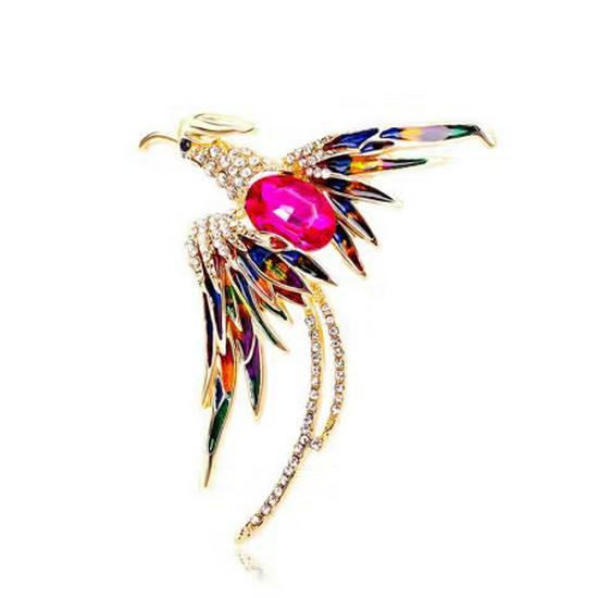 Elegant Phoenix Brooch: Rhinestone Long-tailed Pin with Colorful Bird Motif