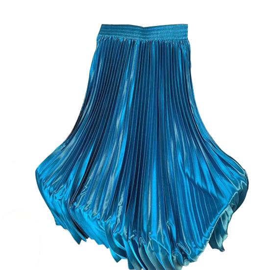 Maxi Skirt High Waist Glossy Long Skirt Solid Color Pleated Design Large Hem Dance Skirt Work Leisure Daily Wear