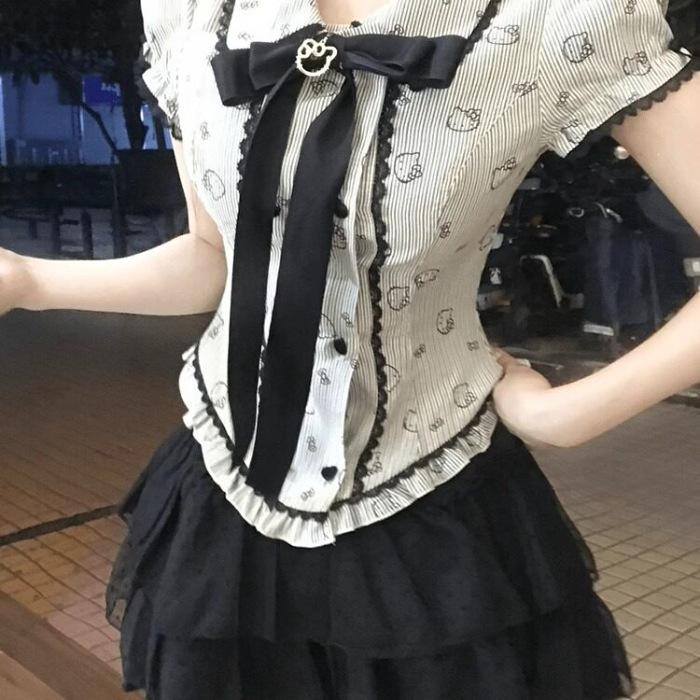 Japanese Sweet College Bow Short Sleeve Waist Shirt Top Women's High Waist Fluffy Cake Skirt Two-piece Set