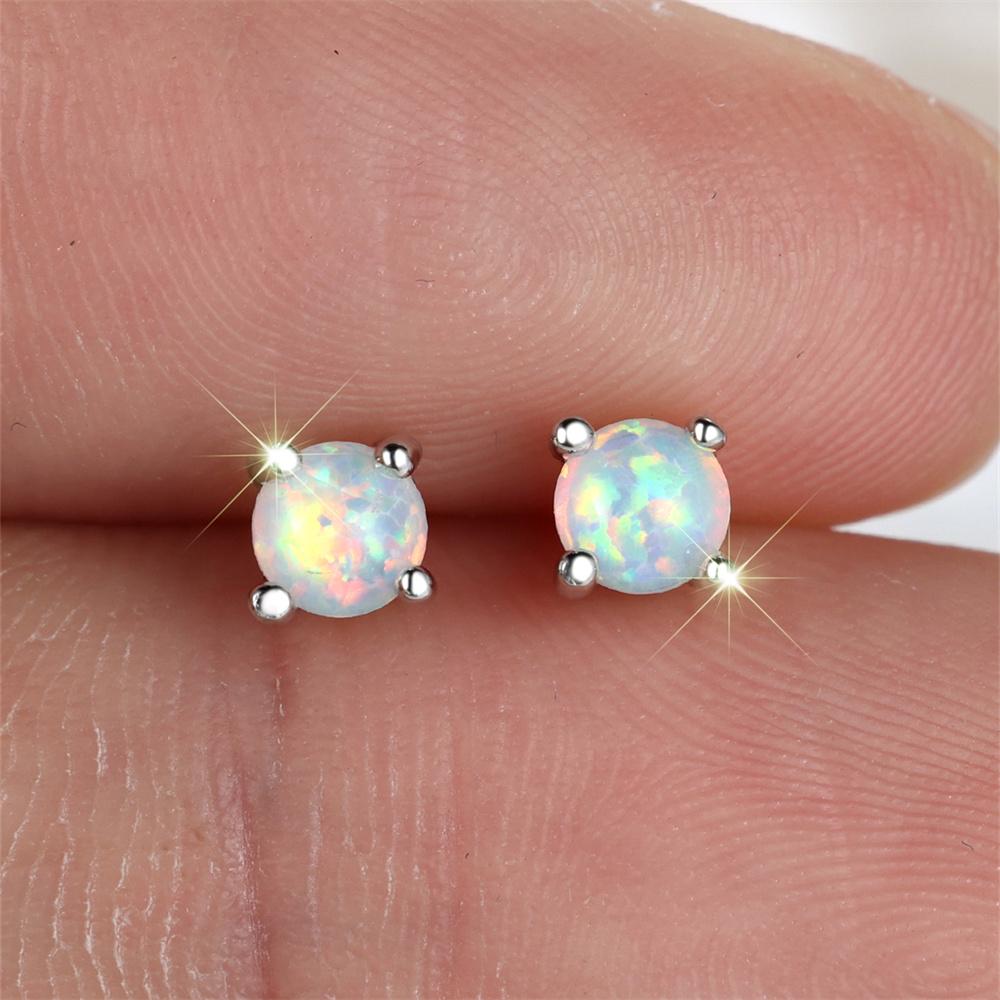 White Fire Opal Small Round Stone Stud Earrings For Women Vintage Silver Color Wedding Earring Minimalist Jewelry Valentine Gift
