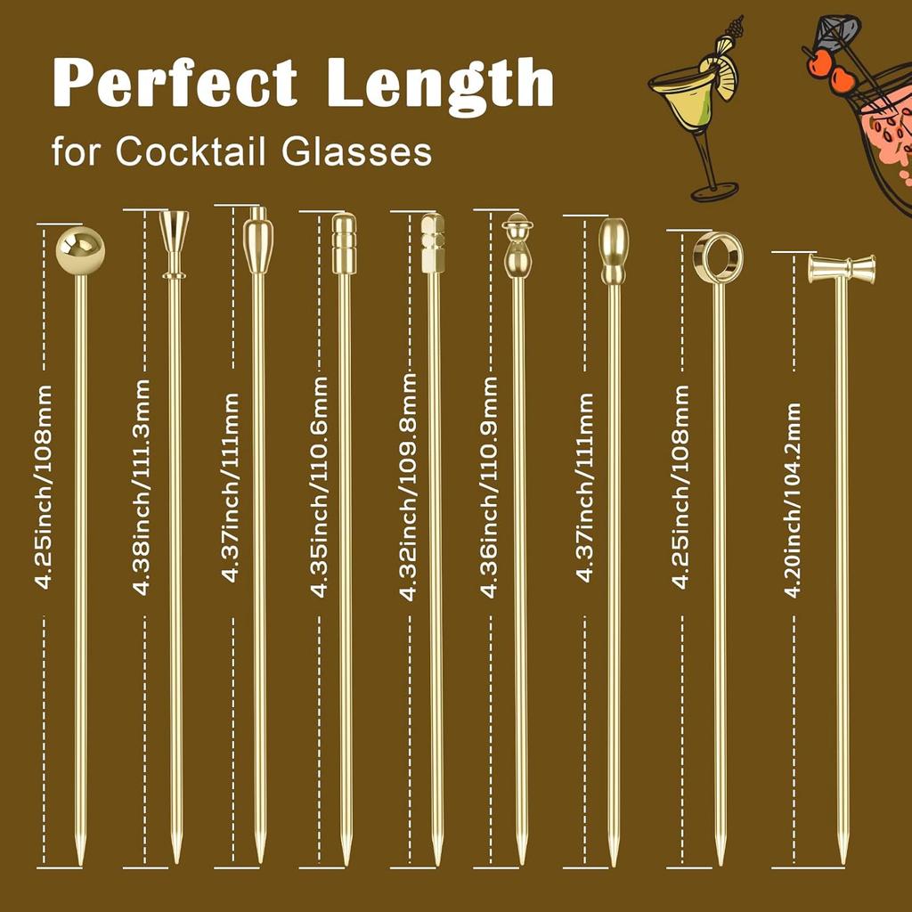 Metal Cocktail Picks, Gold Martini Skewers for Olive 4.2 in to 4.38 in, Stainless Steel Drinks Garnish Sticks, Reble Toothpicks for Appetizers, Home