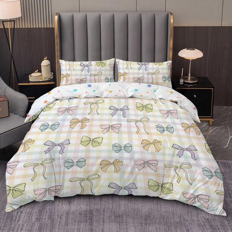 3Pc Yellow-Based Checkered Bow Tie Duvet Cover Set (1 Duvet Cover+ 2 Pillowcases) Machine Washable Quilt Protector
