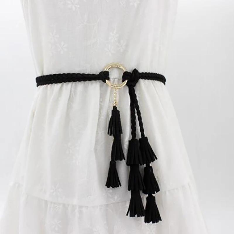 

Fashion Women Solid Color Braided Tassel Belt 2024 New Boho Girls Thin Waist Rope Knit Belts for Dress Waistbands Accessories чёрный