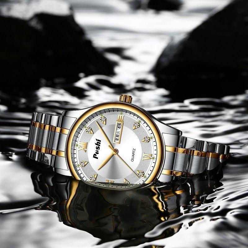POSHI Men's Electronic Quartz Watch Waterproof Luminous Double Calendar Large Dial Stainless Steel Men's Watch