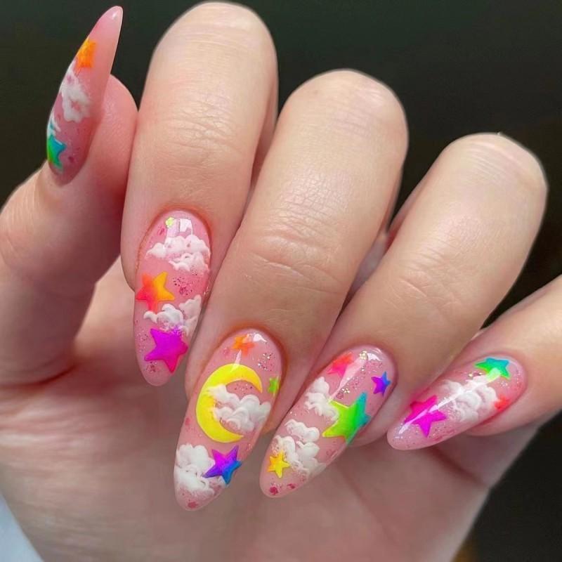 Press-On Nails With Moon Star Cloud Design - Cute White Multicolor False Women Girls Adhesive Type
