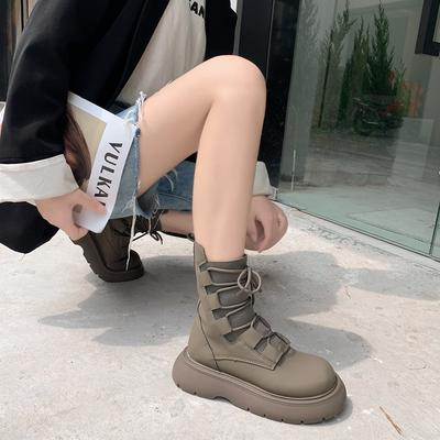 2025 Autumn New Retro British Style Fashion Lace-up Elastic Boots Female Internet Celebrities Ins Versatile Thick-soled Thin Boots