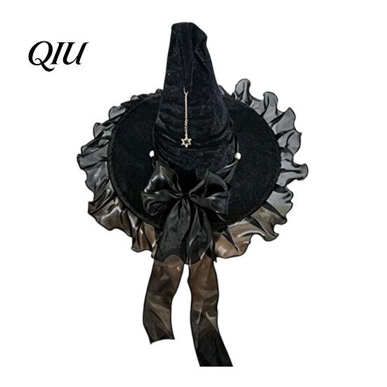 Pointed Witch Hat Halloween for Women, Velvet Wizard with Ruffle Costume Accessory Brim And Bow Party, Masquerade, Cosplay