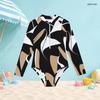 Girls High Neck Long Sleeve Front Zip One Piece Geometric Printed Swimsuit Black White Khaki
