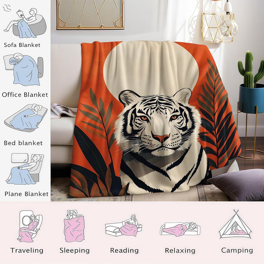 Crimson Moon Tiger Flannel Blanket Warm Soft Halloween Christmas Couch Warm Cozy Decorative Decor Gift for All Season
