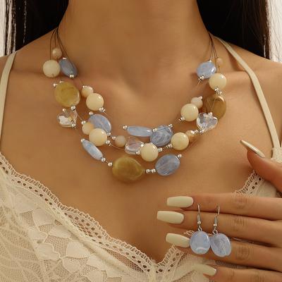 Conjunto de joias de verão Boho-Chic 3 peças - colar e brincos de contas coloridas, perfeito para festas e férias