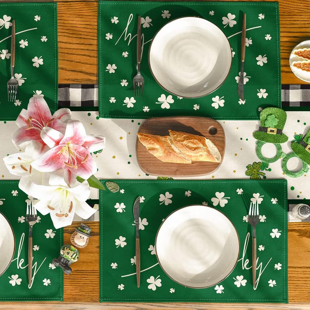 Green Lucky Shamrock St. Patrick's Day Placemats Set of 4, 12x18 Inch Seasonal Spring Table Mats for Party Kitchen Dining Decoration