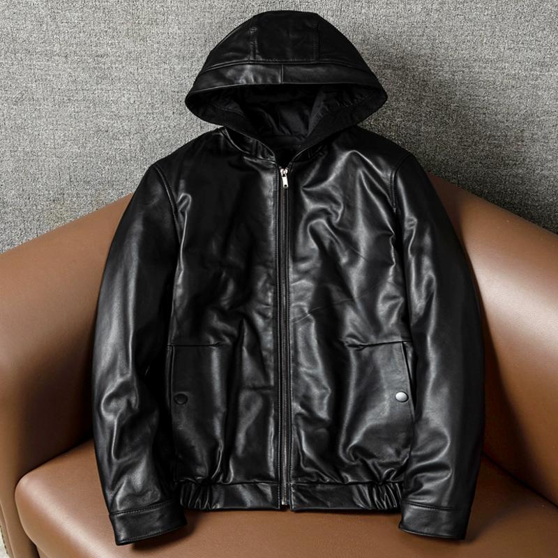 New Genuine Leather Hooded Jacket for Men Pure Top Grain Cowhide Casual Big Size Autumn Winter Coat
