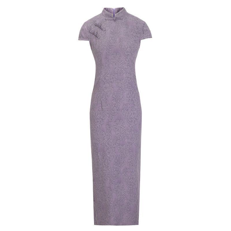 Wen Ci Purple Jacquard Qipao Dress - Women's 2025 Retro Style, Waist-Cinching Long Dress for Spring/Summer.