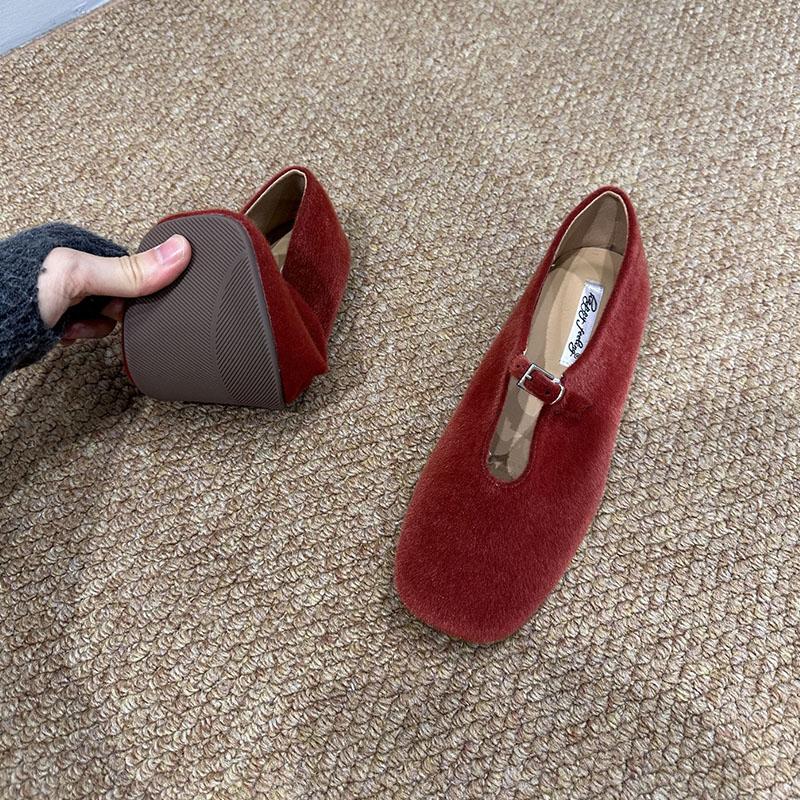 Fashion Buckle Fashion Flock Ladies Mary Janes Flats Shoes Female Square Toe Footwear Shallow Women Flats Slip On Shoes Lady
