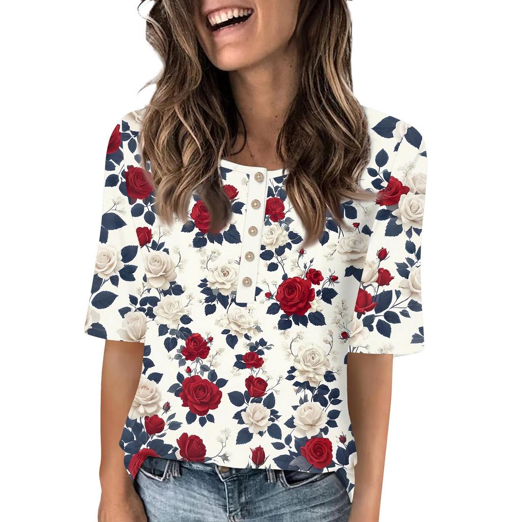 Shirts For Women Trendy Round Neck Button T Shirts Printed Blouse Half Sleeve Tops For Women