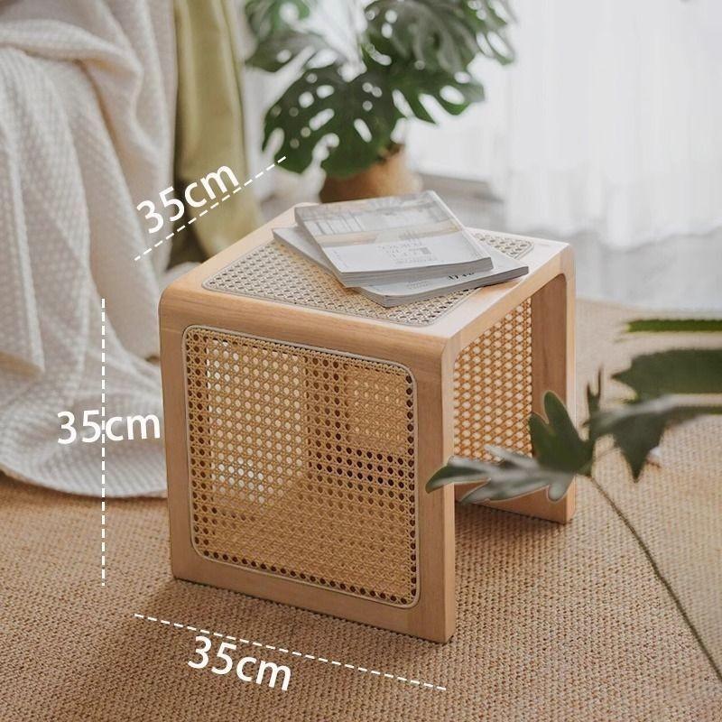 Household Multifunctional Solid Wood Rattan Square Stool Sofa Corner Bedside Table Small Apartment Shoe Changing Stool