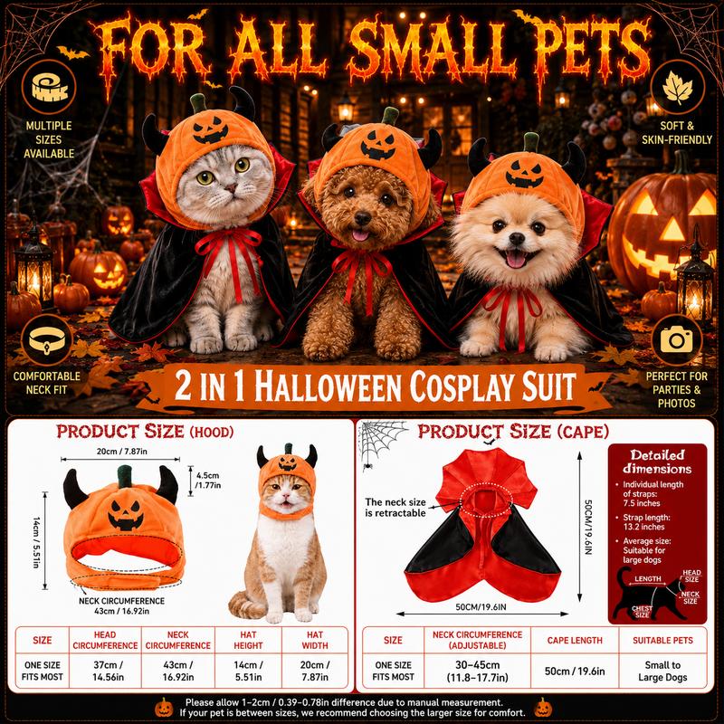 Halloween Pet Costume Pumpkin Hat Vampire Cape Set for Cats Dogs Funny Cosplay Party Dress Up Outfit