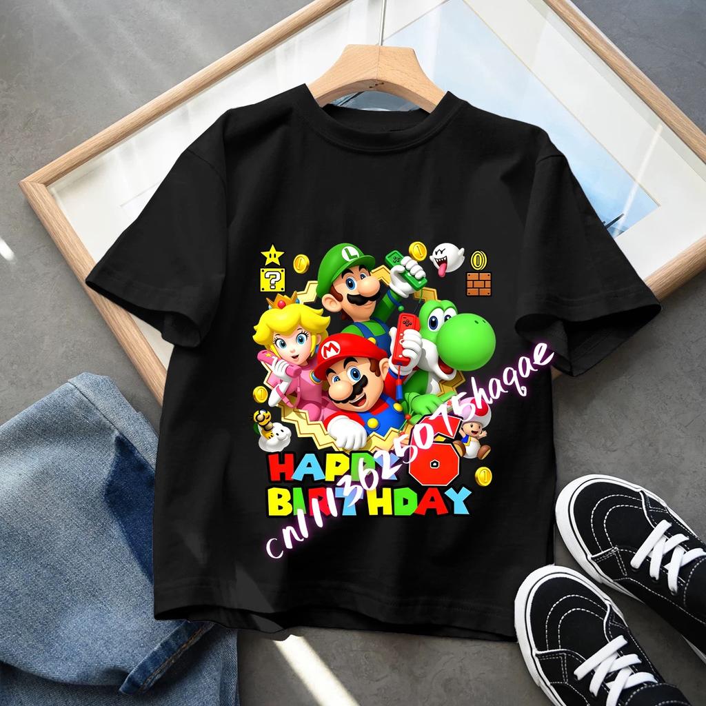 Cartoon Super Marios Children Birthday Number TShirt Clothes Party Figure Print Boys BabyTShirt Blue Short Sleeve Tops Tee Gift