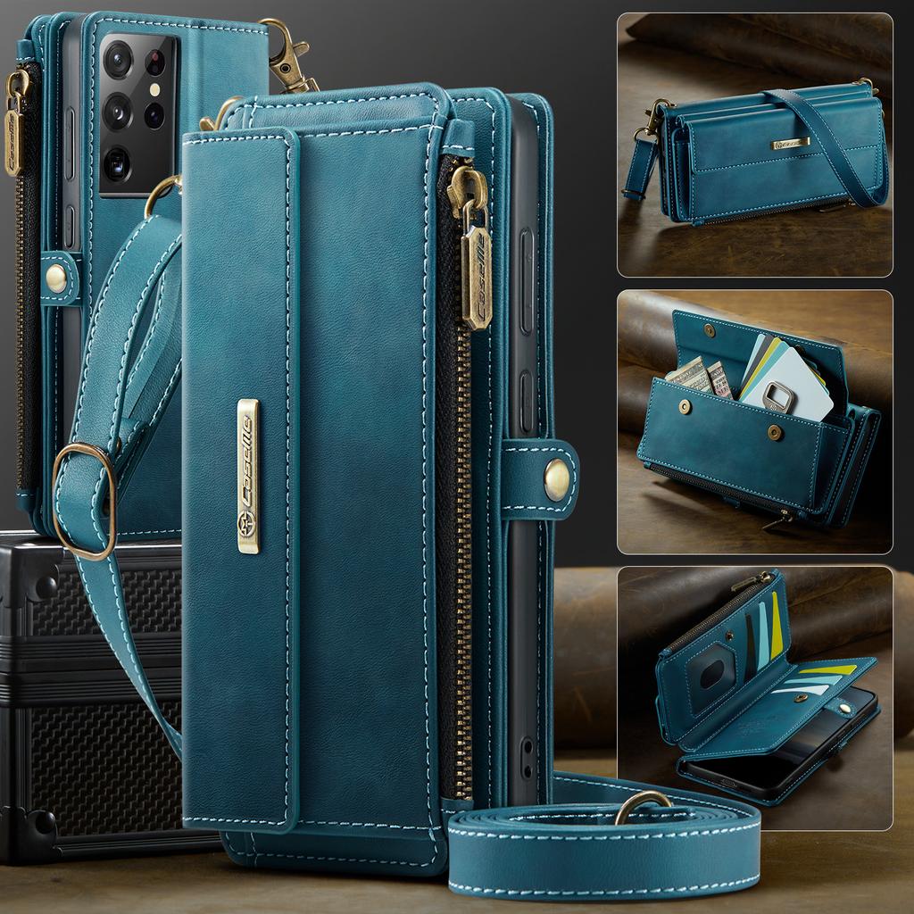 For Samsung Galaxy S21 Ultra 5G Case CASEME C39 RFID Blocking Zipper Wallet Stand Leather Cover with Strap