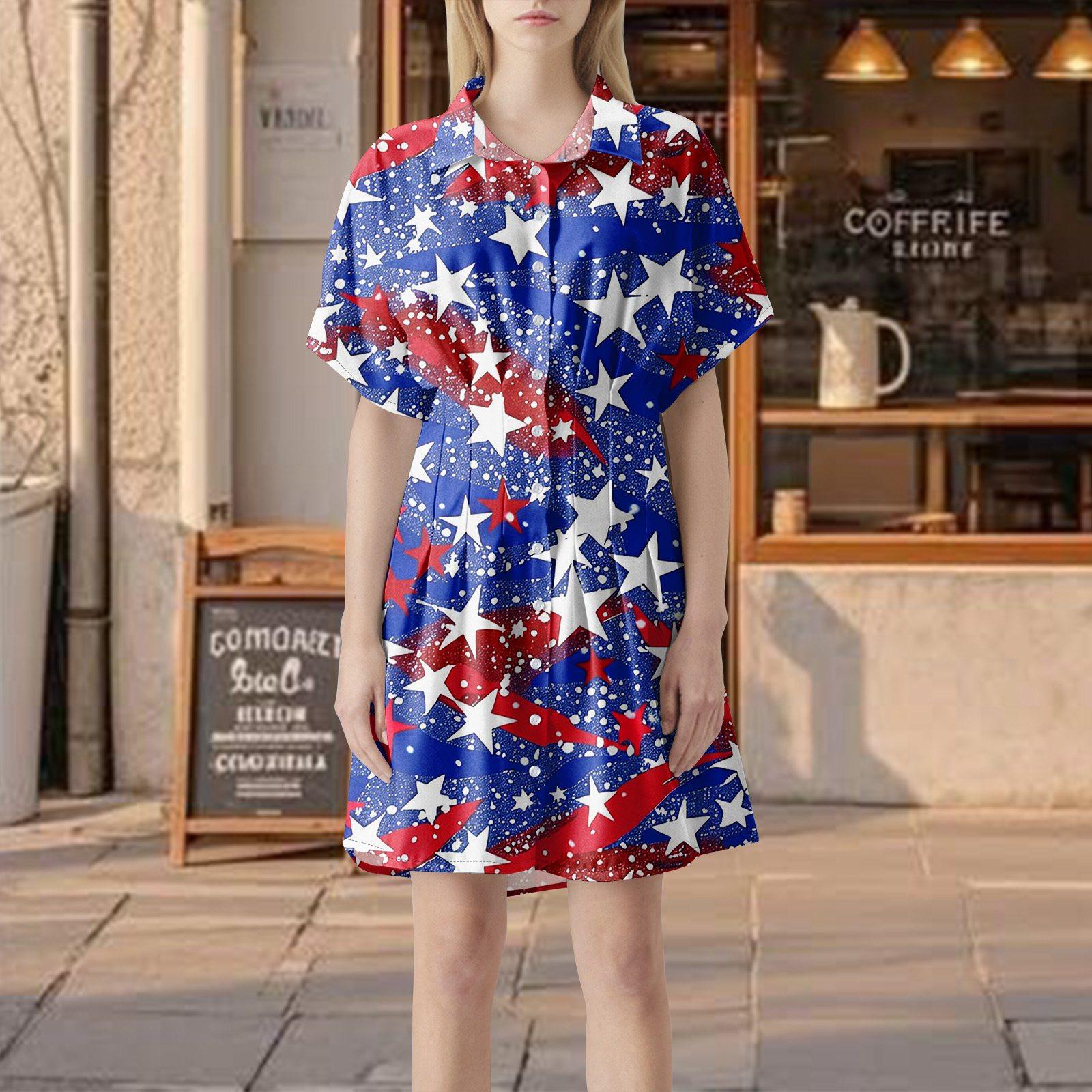 

Women s Button Front Pleated Striped Shirt Dress Short Sleeve Pleated Shirt Independence Day Printed Summer Casual Short Dress XL червоний