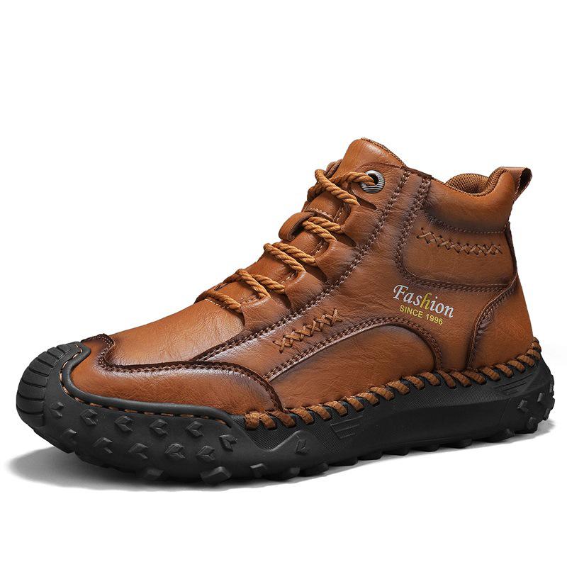 Men's Plus Size Handmade Leather Mid-top Boots - Thick Sole, Lace-up, Outdoor Casual