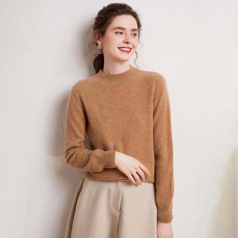 Women's 100% Cashmere Half-High Collar Slim Fit Pullover Sweater - Long Sleeve, Solid Color, Versatile Base Layer, Warm Knit.
