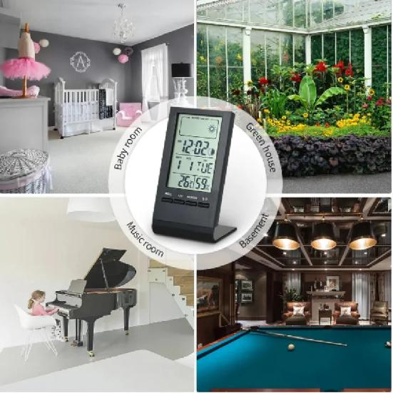 Mini Digital Thermometer Hygrometer Indoor Temperature Humidity Meter Gauge Clock Weather Station Forecast Max Min Value Display