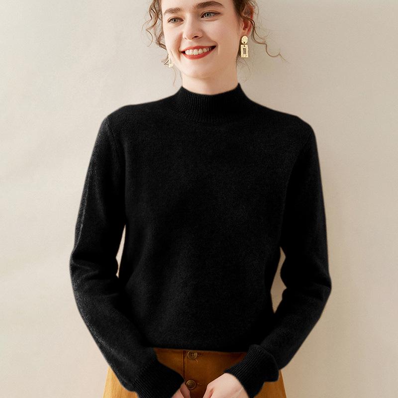 Women's Double-Strand Cashmere Half-High Collar Sweater – Autumn & Winter Loose Long Sleeve Knit Pullover