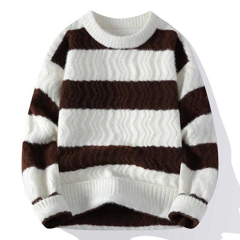 Yang Men's Striped Crew Neck Pullover: Casual Loose Knitwear for Autumn/Winter