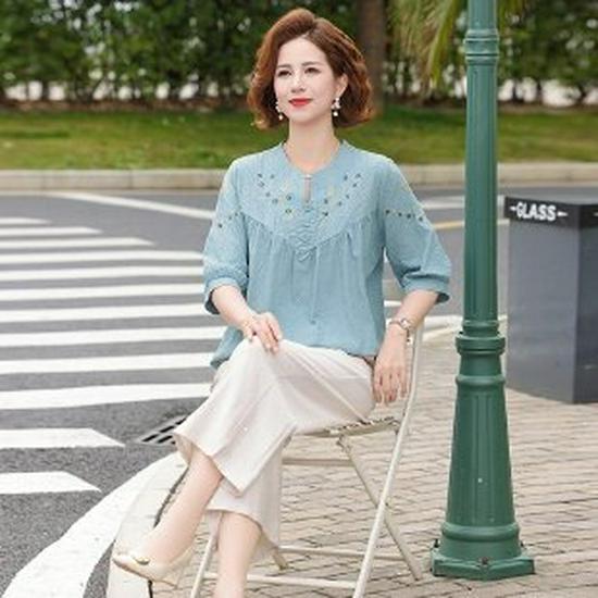 2026 New Arrival: Elegant Chinese-Style Summer Short-Sleeve Set for Moms - Stylish and Dignified Top for Middle-Aged and Elderly Women XL