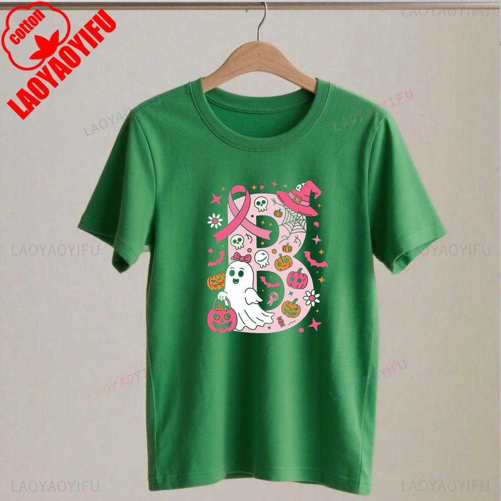 Breast Cancer Awareness Ghost Pink Ribbon Patchwork Halloween Hope Strength Faith Spooky Graphic T Shirts for WoUINISEX Harajuku