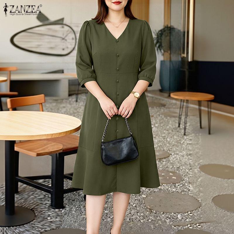 ZANZEA Women Casual V-Neck Solid Color Short Sleeve A-line Dress