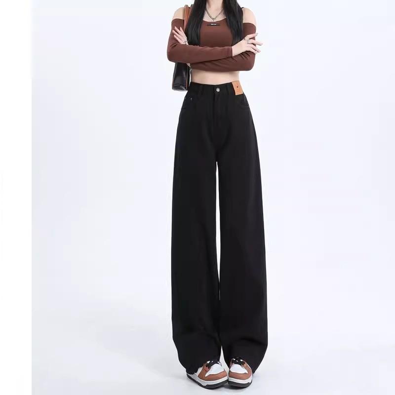 Women's Black High-Waist Wide-Leg Jeans - Slimming, Tall-Enhancing Fit, Versatile Fashion Long Pants