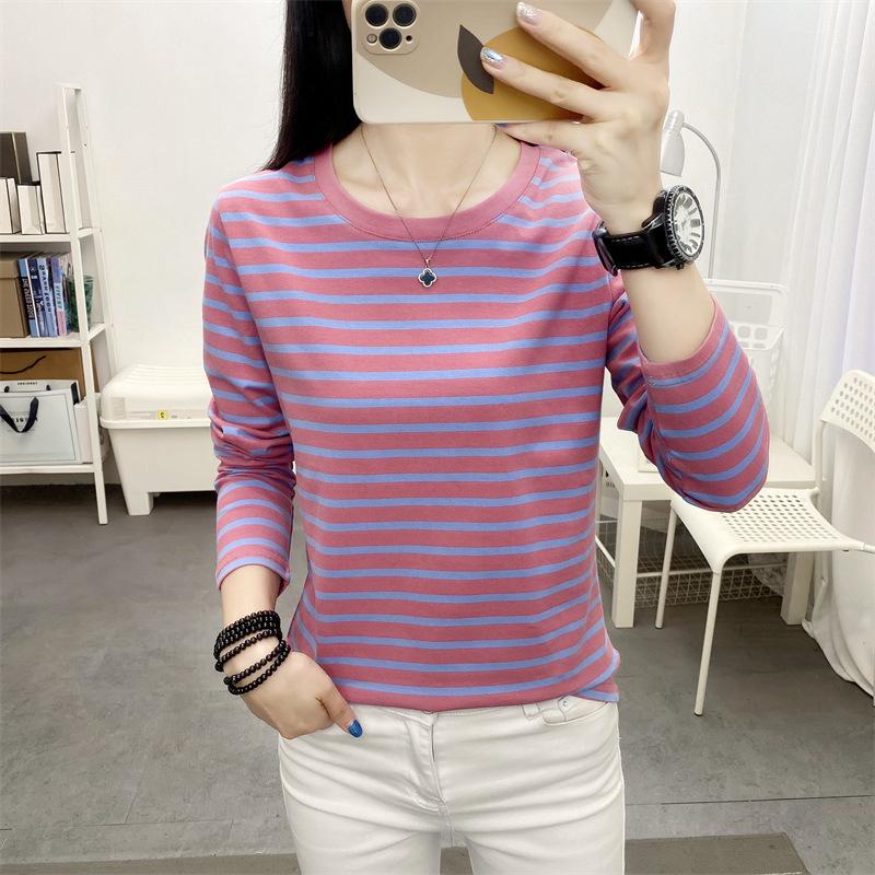 Women's Plus Size Striped Long Sleeve Cotton T-Shirt - Autumn Collection for Middle-Aged Moms