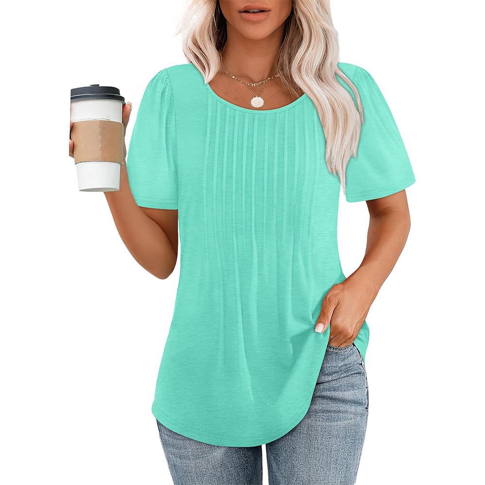 Pleated Round Neck Short Sleeve Women's T-Shirt - New 2024 European & American Style