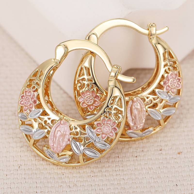 

Huitan Aesthetic Women Gold Color Hoop Earrings Hollow Out Design Accessories Fresh Flower Charming Wedding Zircon for Lady