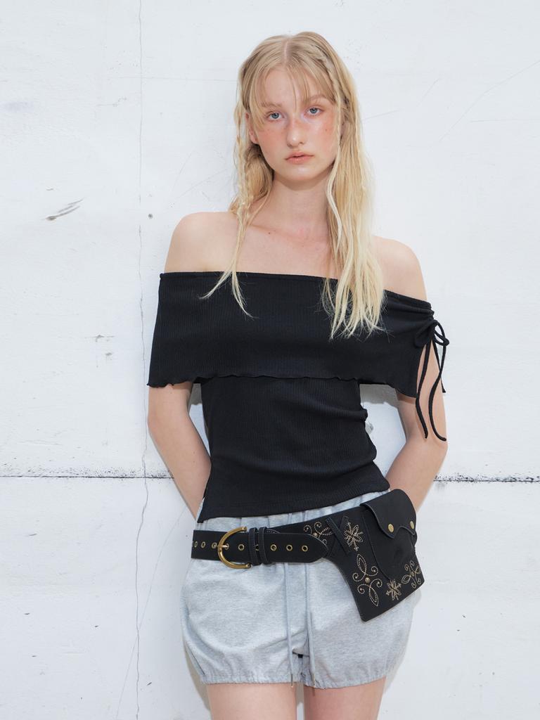 ETMON String Off Shoulder T-Shirt, Black