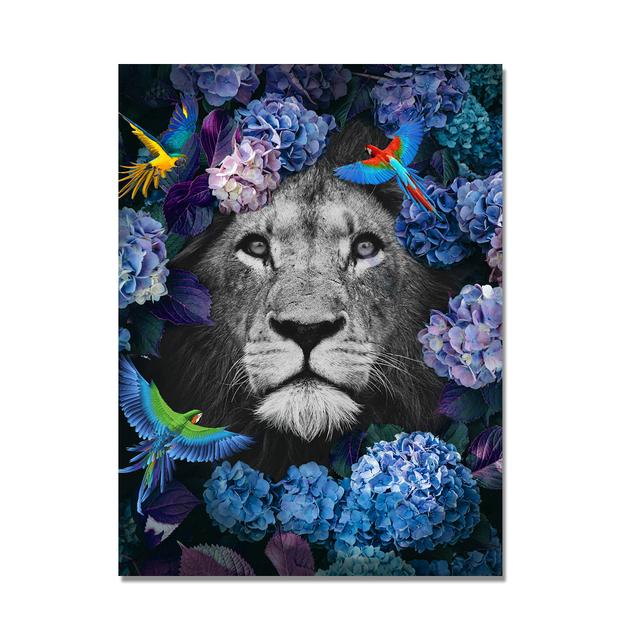 Lion and Tiger Flowers Canvas Painting Animal Cuadros Posters and Prints Nordic Wall Art Pictures for Living Room Home Decor
