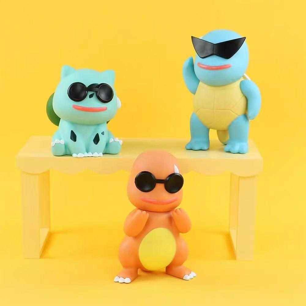 Anime  Cute Sunglasses Squirtle Charmander Bulbasaur Figure Model Car Ornament Children Toys Desk Decoration Holiday Gift
