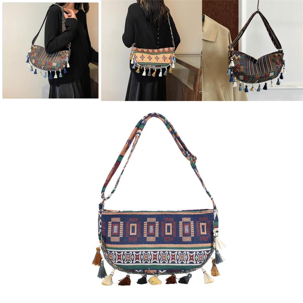 Vintage Ethnic Style Tassel Shoulder Bag With Water Dumpling Shape For Daily Use