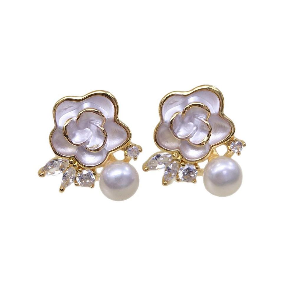 Zhuji Pearl French Classic Camellia Freshwater Pearl Stud Earrings Fashion High-End Women's Jewelry.