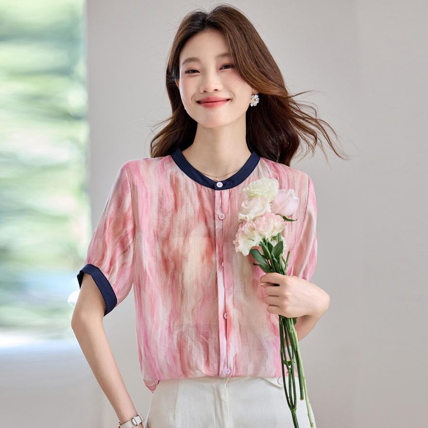 Tie-dye printed short-sleeved shirt women's summer new loose fashion contrasting color thin design top