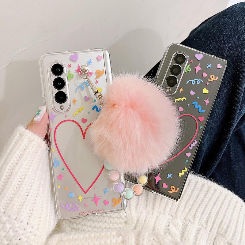 Colorful Heart Purikura Photo Frame Beads Bracelet Plush Pendant Phone Case For Samsung Galaxy Z Fold 3 Hard Transparent Cover