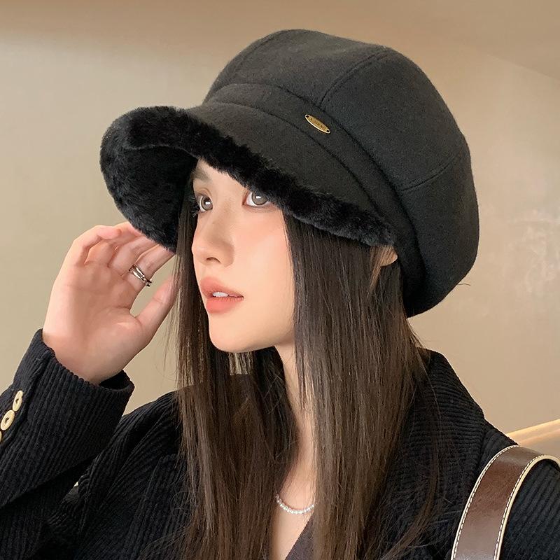 Fisherman Hat Women's Autumn and Winter New Fashion Revealing Small Versatile Basin Hat Plus Velvet Warmth Ear Protection Octagonal Hat Trendy